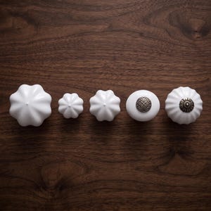 May include: Five white ceramic cabinet knobs arranged in a horizontal row. Three knobs feature a fluted, star-like shape. One knob is smooth and round with a circular metallic inlay. One knob is round with a fluted edge and a metallic center.