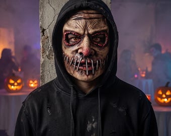 Máscara de látex realista con boca grapada para Halloween: un accesorio aterrador para cosplay, con cara cosida, disfraz de zombi sangriento o para casas encantadas.