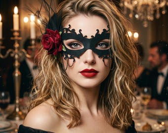 Máscara gótica negra para ojos, máscara victoriana hecha a mano, disfraz de vampiro de rosa roja, máscara de Halloween.