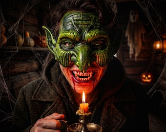 Máscara realista de orco duende verde para cosplay de Halloween, máscara de monstruo espeluznante de fantasía