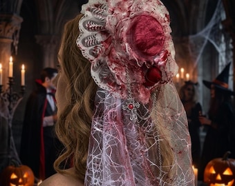 Mini sombrero de copa Bloody Goth Rose, fiesta de Halloween, novia fantasma, diadema con velo estilo tocado victoriano, accesorio para el cabello de novia vampiro