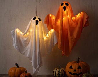 Fantasmas decorativos con luces LED / Fantasmas de tela brillantes y espeluznantes / Decoración colgante blanca y naranja / Decoración de Halloween para el porche / Truco o trato