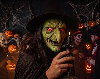 Máscara ultrarrealista de bruja malvada con sombrero negro - Máscara de látex aterradora de cabeza completa para cosplay de Halloween - Accesorio de disfraz de bruja verde malvada
