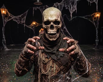 Máscara de calavera realista, máscara de esqueleto de látex de cabeza completa para terror, máscara gótica de la Parca para cosplay de Halloween, accesorio para casa embrujada