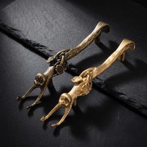 May include: Two metal cabinet pulls shaped like monkeys hanging from branches. One pull has a dark, antique bronze finish with textured details, while the other has a bright, polished gold finish. Both feature floral accents along the branch.