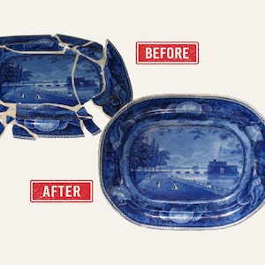 May include: A blue and white ceramic platter, shown before and after restoration. The 'before' image shows the platter in pieces, while the 'after' image displays the restored platter with a landscape scene.