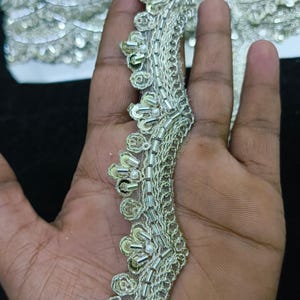 Mehendi Green Silver Lace Trim, 1.5 Inch Beaded Sequins Pearl Scallop Border, Heavy Bridal Lehenga Saree Dupatta, Indian Wedding Craft Trim