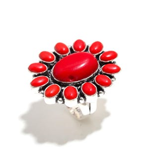 Red Coral Statement Ring, 925 Sterling Silver, Adjustable Floral Cocktail Ring, Boho Vintage Jewelry