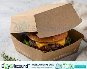 Può includere: Un cheeseburger con hamburger di manzo, formaggio giallo fuso e lattuga verde all'interno di un contenitore in cartone marrone con coperchio a incastro. Il contenitore presenta del testo stampato sul lato, in stile ristorazione.