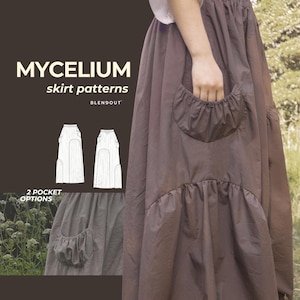 Könnte beinhalten: Ein brauner Rock mit einer gerafften Tasche, der den Text MYCELIUM skirt patterns BLENDOUT und 2 POCKET OPTIONS enthält. Das Bild zeigt eine technische Strichzeichnung des Rockdesigns sowie eine Nahaufnahme des gerafften Taschendetails.
