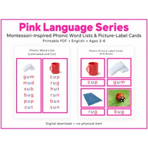 Puede incluir: Serie de lenguaje rosa, listas de palabras fonéticas y tarjetas de etiquetas de imágenes inspiradas en Montessori, PDF imprimible. Incluye listas de palabras y tarjetas con imágenes de goma, taza, alfombra y mariquita, con texto en rojo y azul.