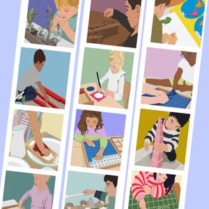 Puede incluir: Un collage de doce ilustraciones que representan a niños realizando diversas actividades educativas, incluyendo juego sensorial, escritura, trabajo con mapas, lavado, conteo con bloques y uso de una cuadrícula en un estilo gráfico plano.