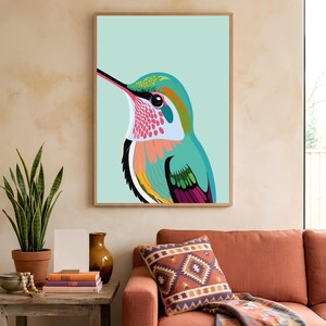 Hummingbird Wall Art, Colorful Bird Poster, Modern Mint Green Animal Print, Nature Lover Gift, Living Room Botanical Decor, Digital Download