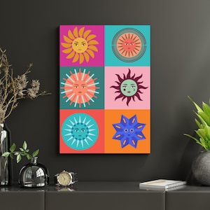Puede incluir: Un cuadro rectangular con seis ilustraciones de soles dispuestas en cuadrícula. Cada cuadrado muestra un rostro solar estilizado en diversas paletas de colores, incluyendo rosa, turquesa, naranja y azul con diseños de rayos geométricos.