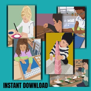 Puede incluir: Un collage digital de seis ilustraciones que muestran a niños realizando diversas actividades educativas, como escribir, construir con bloques rosas, usar un tablero de cuadrícula azul con números y objetos de madera con forma de seta.