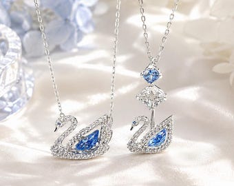 Collana con cigno in cristallo Swarovski blu, ciondolo a forma di cigno in argento, collana scintillante di tendenza, elegante gioiello a forma di uccello, regalo romantico per lei
