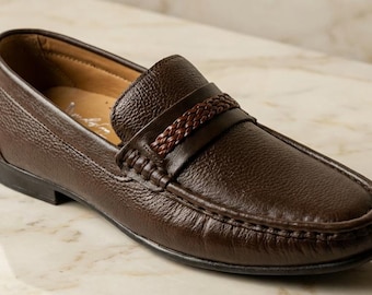Men's Brown Leather Loafers | Handmade Slip-On Business Casual Dress Loafers