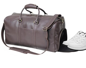 Leather Duffle Bag Men's Weekender Travel Brown Bag Shoe Compartment With Free Toiletry Kit