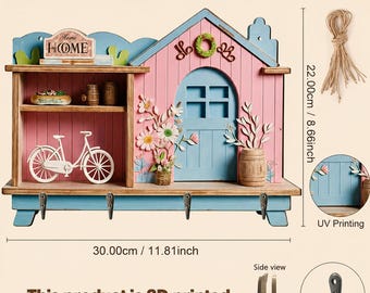 2D House Shape Key Holder  Pink & Blue Hue Fashion Wall Mounted Hooks