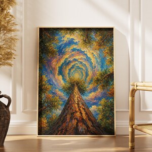 Forest Tree Trunk View Art Print, Sky Spiral Tunnel Poster, Deep Woods Nature Decor, Botanical Surrealism Painting, Surrealism