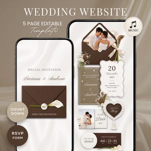 May include: A 5-page editable wedding website template displayed on two smartphones. The design features brown envelopes, floral accents, pearl details, and text including "Wedding Website," "Luciana & Andrew," "20 November 2027," "RSVP," and "Count Down."