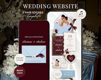 May include: A digital wedding website template displayed on two smartphones, featuring a burgundy and light blue color scheme. The design includes editable sections for invitations, RSVP forms, countdown timers, and music, with floral accents.