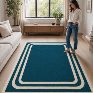Modern Geometric Teal Rug – Contemporary Rectangular Border Design, Minimalist Home Décor