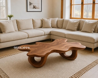 Sculpturale massief houten salontafel | Biologisch modern middelpunt in de woonkamer