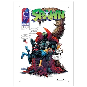Puede incluir: Una portada de cómic de Spawn con el personaje sentado en un trono hecho de una gran cola de escorpión. El texto dice Spawn, Image, 1, $2.99, June, Donald, make that my ringtone, and clip that shit, Cecil, I need you, Cecil.