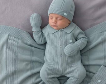 Cotton Newborn Baby Knit Set, Pink Coming Home Outfit with Blanket, Baby Shower Gift