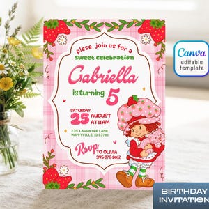 May include: A rectangular birthday invitation card featuring a pink plaid background with strawberry and flower illustrations. The text reads: Plese, join us for a sweet celebration, Gabriella is turning 5, Saturday 25 August at 11am, 234 Laughter Lane, Happyville, ID 83701, Rsvp to Olivia 345-678-9012. A cartoon character wearing a strawberry hat holds a pink cat.