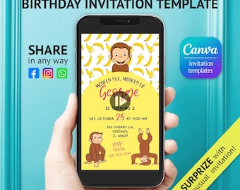 May include: An animated personalized birthday invitation template displayed on a smartphone screen. The design features a yellow background with a repeating banana pattern, brown monkeys, and text reading Monkey See, Monkey Do, George is turning 2.