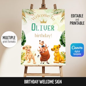 May include: A birthday welcome sign featuring the text Welcome To Oliver birthday, a gold crown, and illustrations of three animated lion and warthog characters. The design includes green tropical palm leaves on a light cream background.