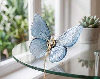 Blue Butterfly Hair Clip, Pearl Tassel Hairpin, Translucent Wing Hair Accessory, Gold Rhinestone Center, Fairy Bridal Hanfu Gift