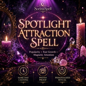 May include: A digital graphic titled SorinaSpell Spotlight Attraction Spell featuring purple candles, crystals, and a glass bottle. Text includes Popularity, Fast Growth, Magnetic Attention, Same Day Casting, Photo Proof, and Personalized Ritual.