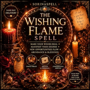 Peut inclure: Un graphique numérique intitulé The Wishing Flame Spell par Sorinaspell, présentant un cercle lumineux central, des bougies allumées, des cristaux et une bouteille en verre avec le texte Dream Believe Receive. Inclut du texte sur les vœux.