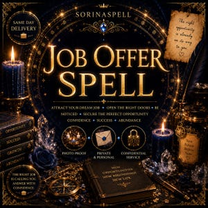 Peut inclure: Un graphique mystique sombre avec le texte "JOB OFFER SPELL" et "SORINASPELL" en lettres dorées. L'image comprend une bougie bleue, une boussole, un livre noir intitulé "NEW OPPORTUNITIES", des cristaux et une icône d'enveloppe scellée.