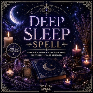 May include: A dark purple and black graphic featuring the text DEEP SLEEP SPELL, REST YOUR MIND, HEAL YOUR BODY, SLEEP DEEP, WAKE RENEWED, and SORINA SPELL. The image displays a book with a crescent moon, lit candles, crystals, and lavender.