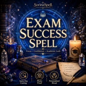 Puede incluir: Una presentación en azul oscuro con el texto EXAM SUCCESS SPELL, Focus, Confidence, Academic Luck, y Same Day Casting, Photo Proof, Personalized Ritual. Incluye un libro, dos velas, cristales y un pergamino con afirmaciones escritas.