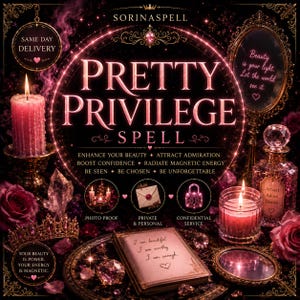Op de afbeelding: Een digitale afbeelding met de titel Pretty Privilege Spell met roze tekst, een brandende kaars, een vintage spiegel, een kroon en een boek met de handgeschreven woorden I am beautiful, I am worthy, I am enough, omringd door rozen en kristallen.