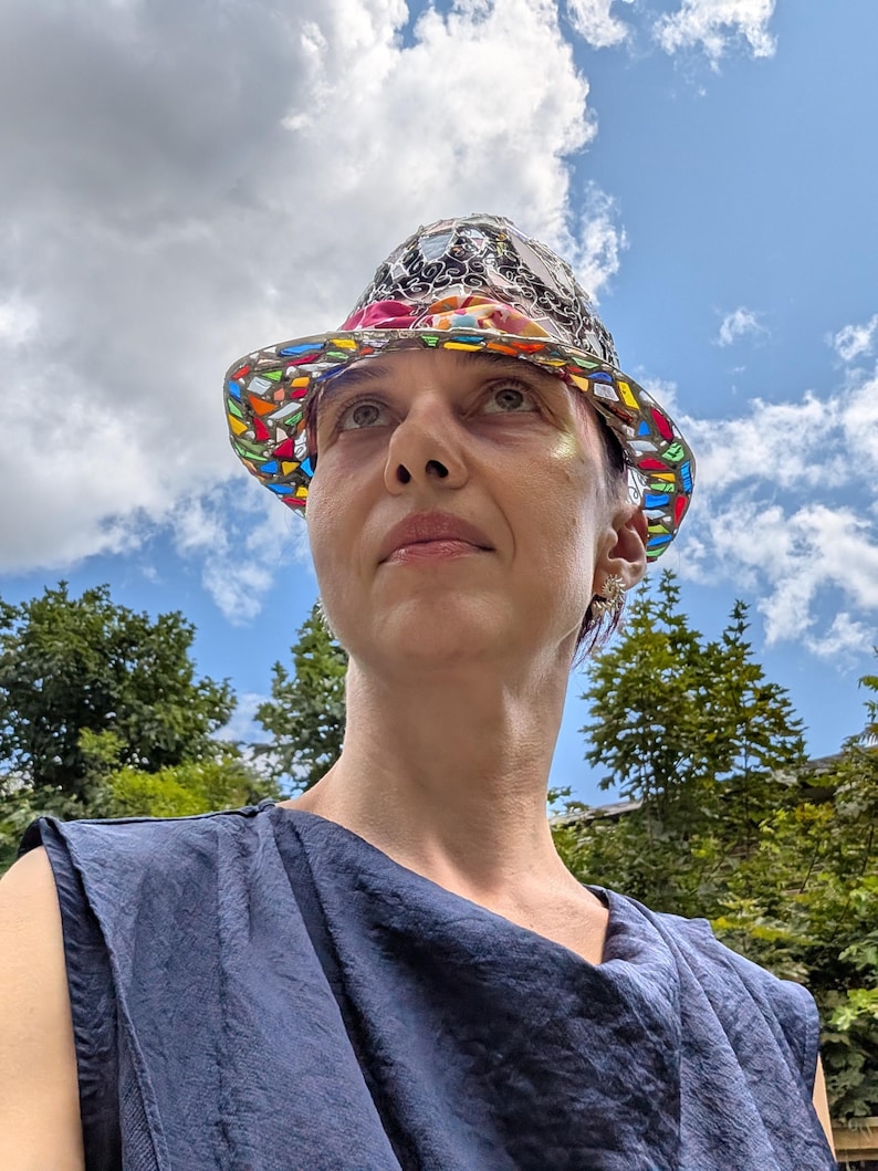 Stained glass fedora hat, unique colorful statement piece, wearable art image 8