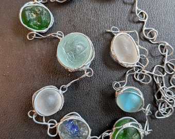 Sea glass and marbles long necklace, unique beach glass jewelry