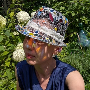 Stained glass fedora hat, unique colorful statement piece, wearable art image 1