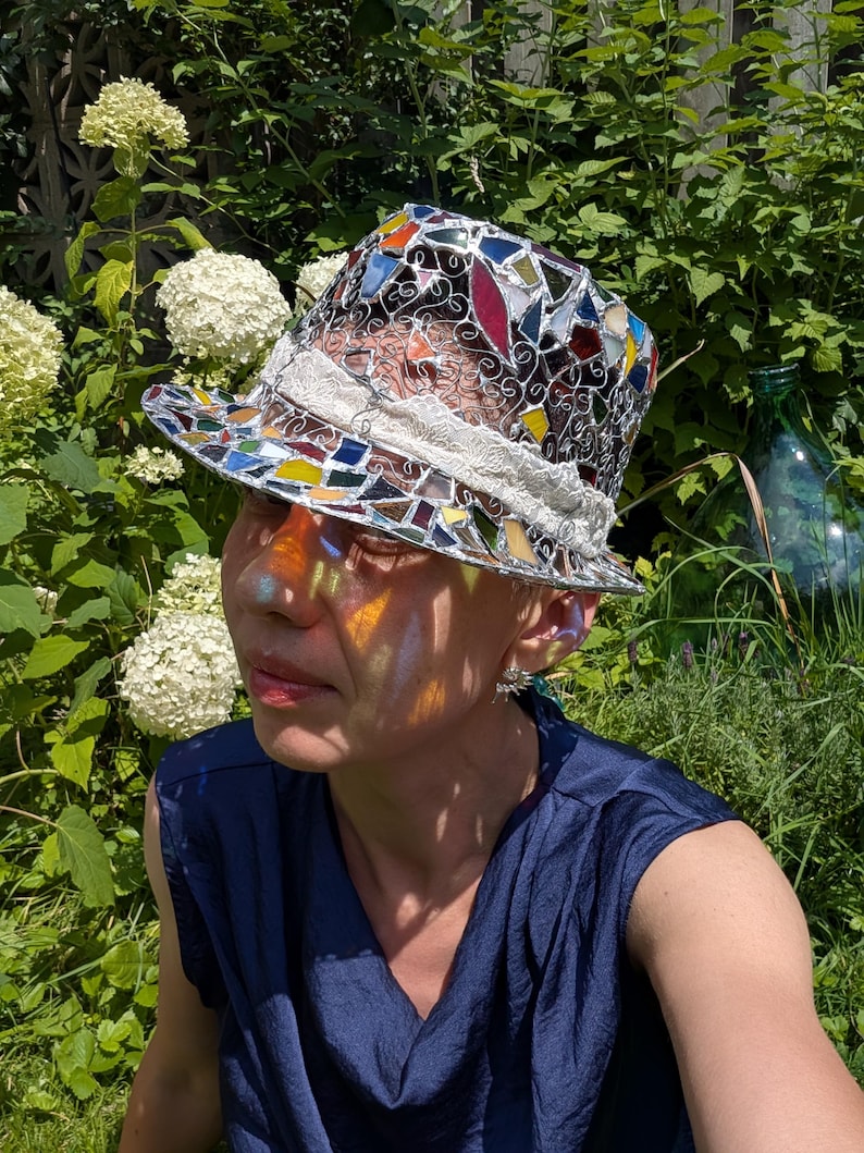 Stained glass fedora hat, unique colorful statement piece, wearable art image 1