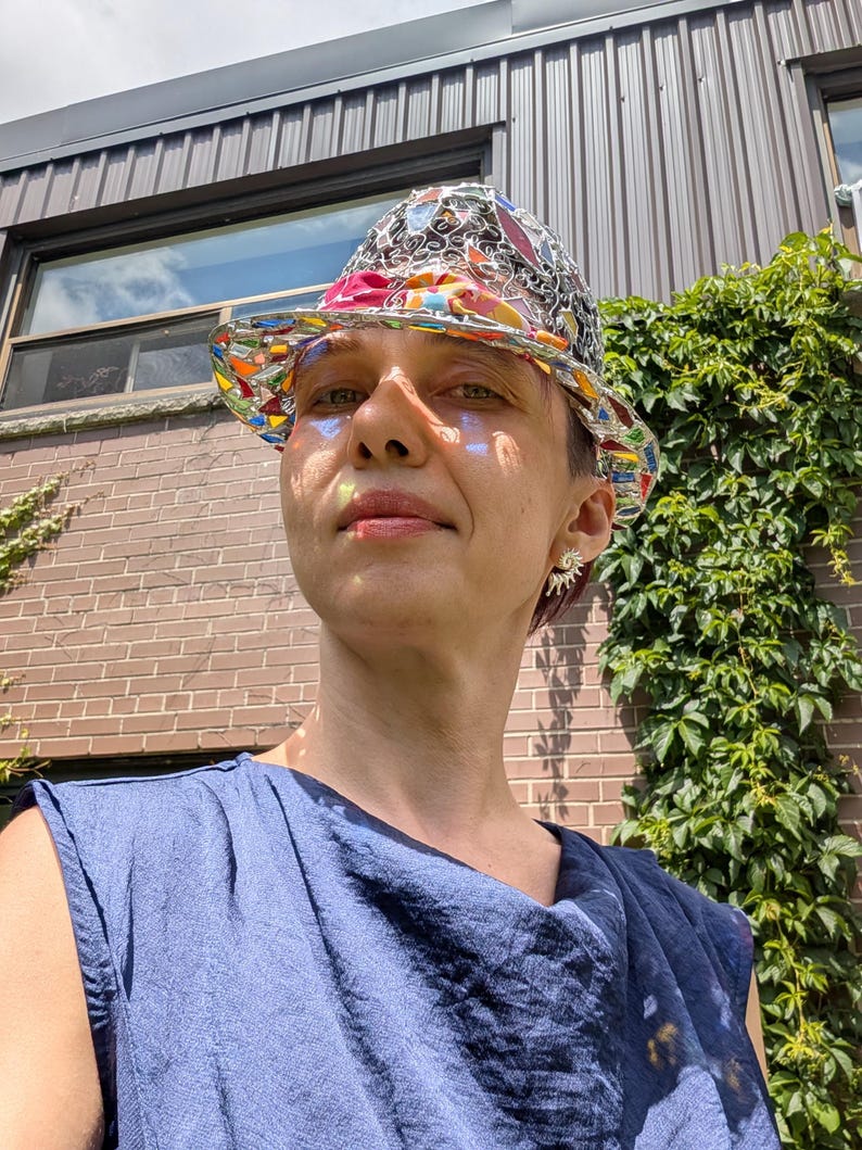 Stained glass fedora hat, unique colorful statement piece, wearable art image 5