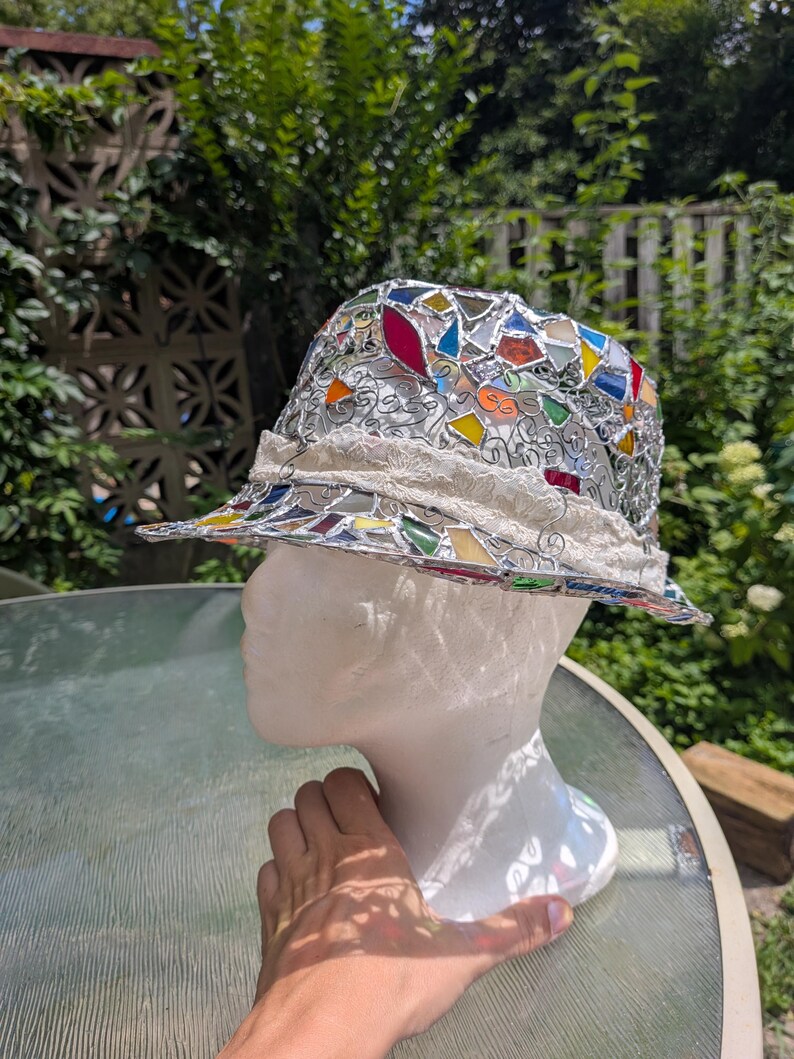 Stained glass fedora hat, unique colorful statement piece, wearable art image 7