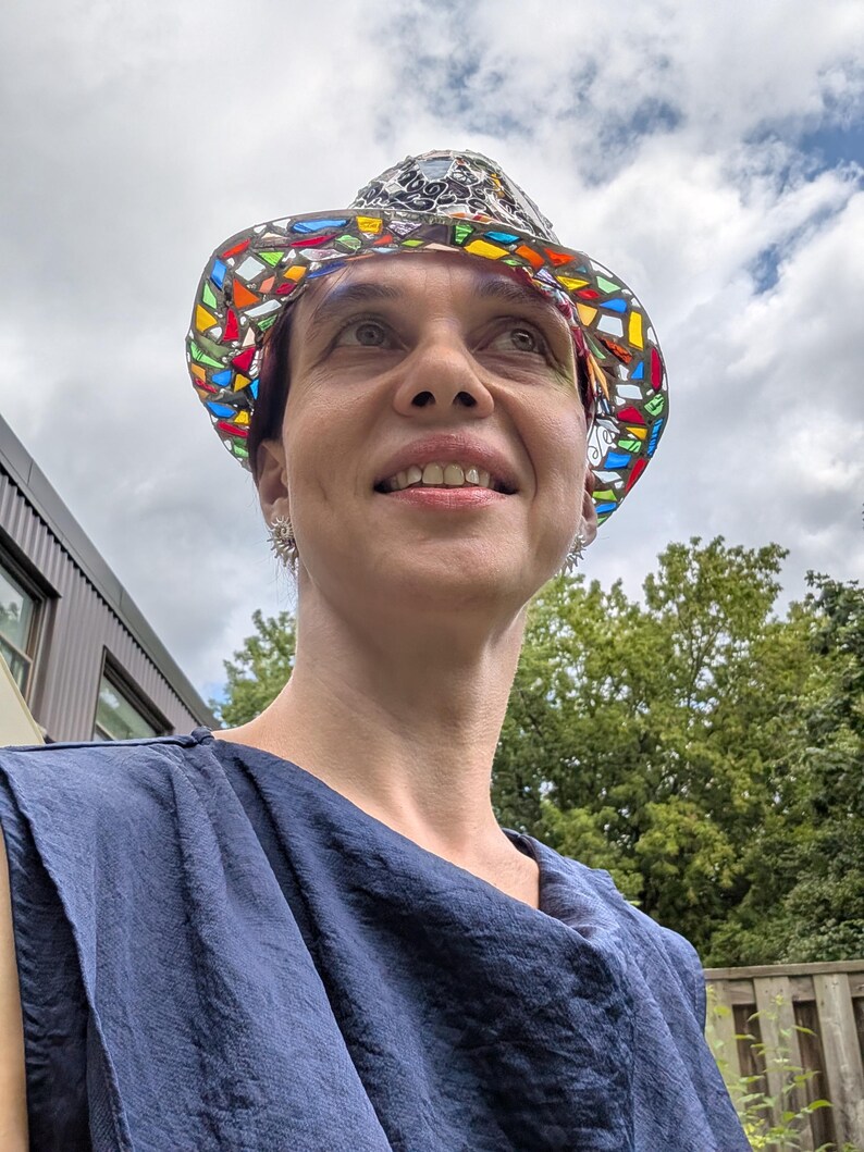 Stained glass fedora hat, unique colorful statement piece, wearable art image 13