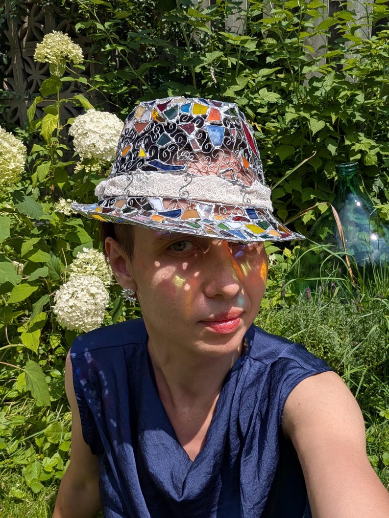 Stained glass fedora hat, unique colorful statement piece, wearable art image 18