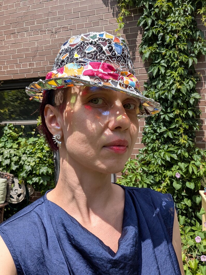 Stained glass fedora hat, unique colorful statement piece, wearable art image 3
