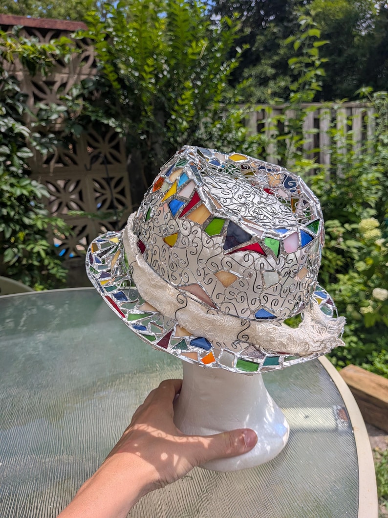 Stained glass fedora hat, unique colorful statement piece, wearable art image 9